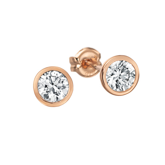 ベゼルベゼル。片耳0.3カラット天然ダイヤを使用したローズゴールド覆輪留め一粒ピアス 正面